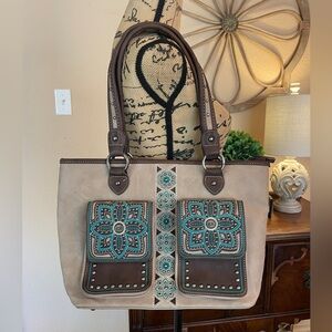 Montana West Tan and Brown Tote Bag with Turquoise Accents